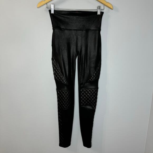 Spanx Quilted Faux Leather Moto Legging Black Stretch Slimming Women's Small - Picture 3 of 11